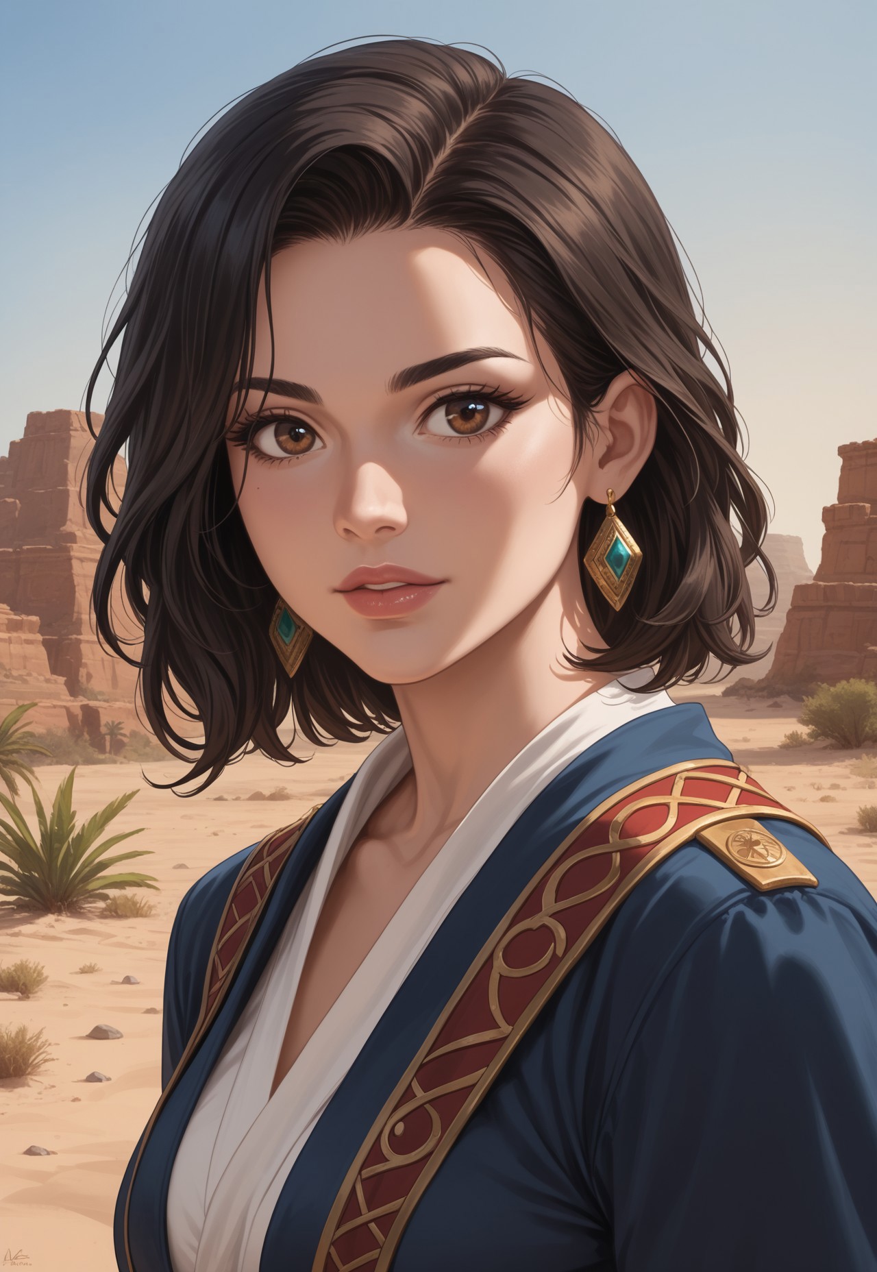 score_9, score_8_up, score_7_up, 1girl, solo, desert nomad, flowing robes with intricate embroidery and desert-inspired patterns, ancient curved scimitar with a polished bronze blade and a wrapped leather handle, long wavy black hair adorned with desert flowers, realistic, cinematic angle, cinematic lighting, slender body, mysterious face, deep brown eyes, vigilant pose
BREAK
standing guard at an oasis in the heart of the desert
BREAK
source_fantasy_art, rating_explicit, expressive, full body, dynamic pose
BREAK
detailed beautiful background, vast desert landscape with rolling sand dunes and distant mirages, lush oasis with palm trees and a sparkling pool of water, ancient ruins and desert creatures, distant mountains with rugged cliffs, mystical atmosphere with a sense of adventure and mystery
<lora:Expressive_H:0.6>Expressiveh, (SimplepositiveXLv1:1.3), (upper body, full clothed:1.85) ((masterpiece)) (ultra realistic, 32k, masterpiece:1.2), (high detailed skin:1.1), (high quality:1.1) (((full clothed))) <lora:DandonFuga_Style_v.2_-_Pony:0.8> 
<lora:add-detail-xl:1> 
<lora:Dynamic Poses:1>