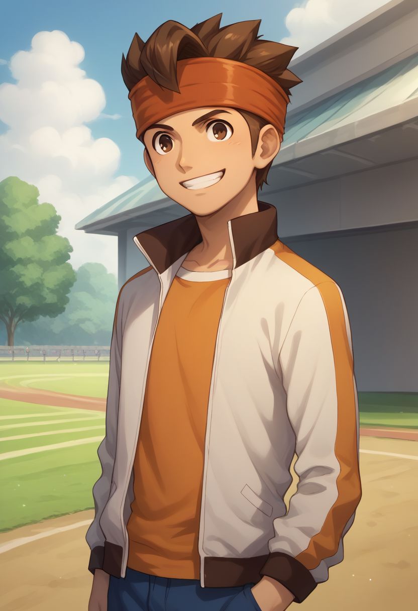 score_9, score_8_up, score_7_up, source_anime, highly detailed,
endou, 1boy, male focus, headband, solo, brown hair, brown eyes, jacket, pants, open jacket, track jacket, orange shirt, blue pants, upper body, smile, grin,
outside,