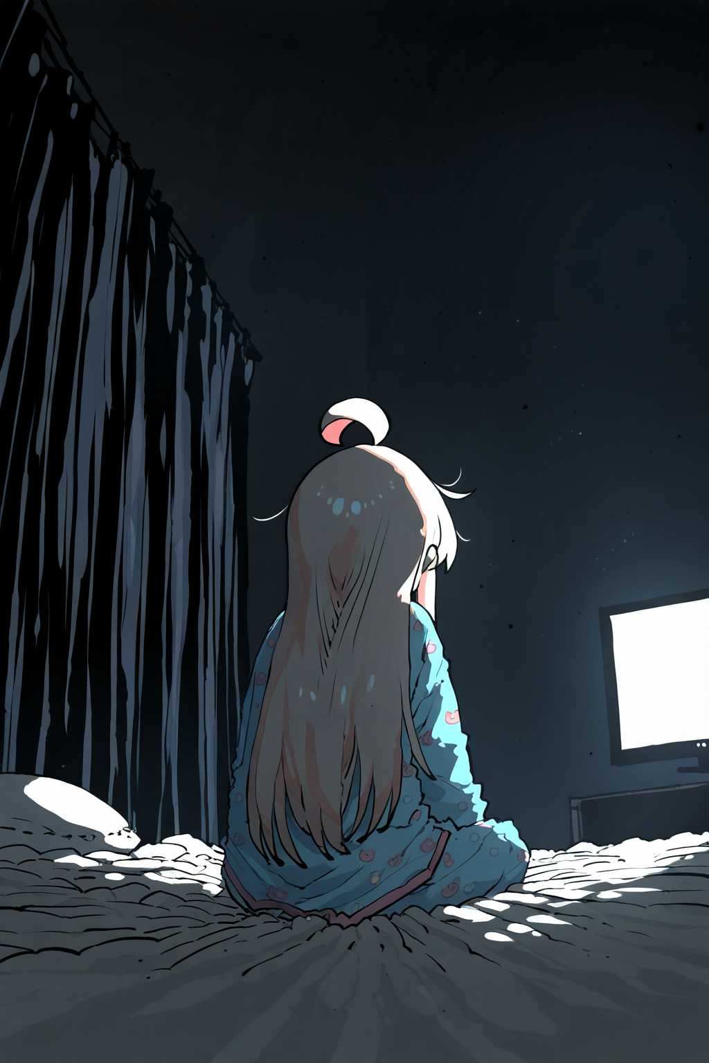 1girl, oyama mahiro, kanikama, ssambatea, wlop, sitting, facing away, long hair, pajamas, night, watching television, curtains, dark theme, angle, indoors, bed sheet, backlighting, [black background], masterpiece, best quality, absurdres, very awa
