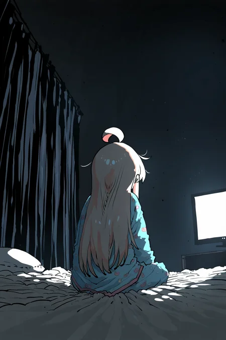 1girl, oyama mahiro, kanikama, ssambatea, wlop, sitting, facing away, long hair, pajamas, night, watching television, curtains, dark theme, angle, indoors, bed sheet, backlighting, [black background], masterpiece, best quality, absurdres, very awa
