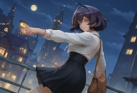 (score_9,score_8_up,score_7_up),masterpiece,best quality,1girl,solo,utenaxl,score_9, source_anime,
rating_safe, detailed background, night,light and shadows by reij-shdwgms,outdoor,city, black_hair, Utena Hiiragi,black_hair, short_hair,yellow_eyes,ahoge,cute face,mature body,center frills,white shirt,black dress,thighhighs,high_heels,teasing, blush,lace, medium breasts, underbust,looking at viewer,crazy smile,crazy expressoin,bag under eyes,exciting, dynamic pose,standing,turn back,from side, night sky, moon, stars, looking at viewer, cowboy shot, dutch angle, gradient background,weight,Cutesexyrobutts