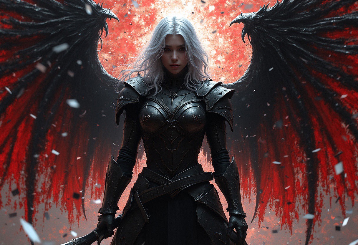 The focus is close up on a female silver haired demon hunter whose armor is partially fractured and shattered like it was glass. The backdrop is a swirling concaphony of crimson and black, separated by streaks of pure white. The backdrop is centered behind the subject. The colors are separated by metallic fractures, creating a glowing mosaic effect. The colors of the backdrop are most intense near the center. The backdrop is partially shattered like glass. The subject itself is a stark and gloomy silhouette, contrasting beautifully against the vibrant, light-filled fragments surrounding it. The hunter has black angelic wings attached at the hip, but they are not the focus. Emphasis is placed on the hunter and the backdrop. The hunter is armed and about to fight.
