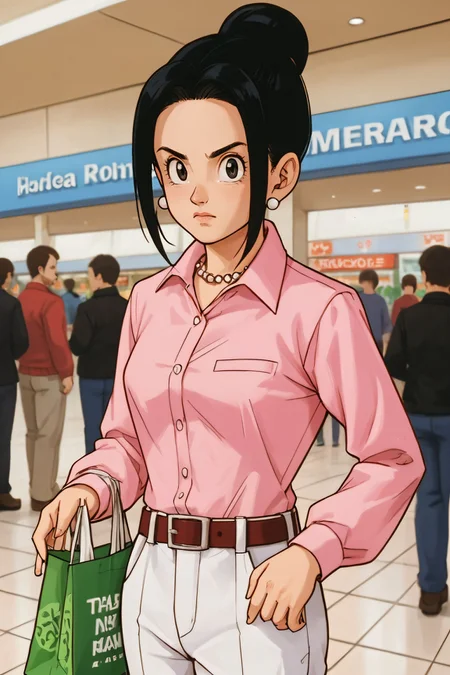 zPDXL3, <lora:chichi_pony_v2:.5>,
chi-chi, black hair, black eyes, single hair bun, hair bun, long sidelocks, pink collared shirt, long sleeves, belt, shirt tucked in, pearl necklace, white pants, looking at viewer, serious, standing, inside mall, holding shopping bags, crowd,