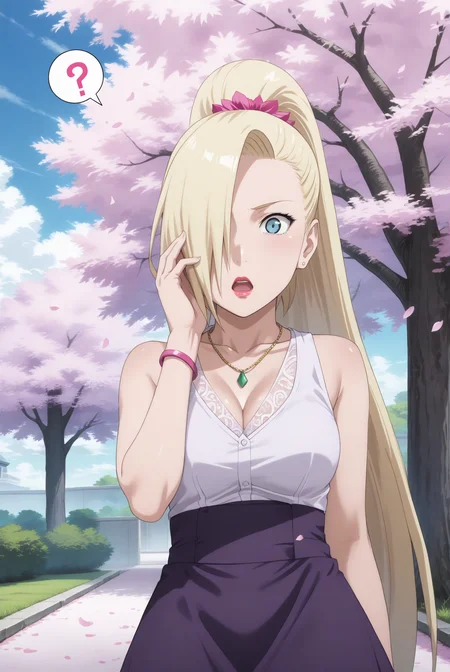 score 9, score 8 up, score 7 rating_safe, high res image, masterpiece, best quality, source anime, intricate details, anime screencap, official style, solo, 1girl, ino yamanaka, wedding outfit, ponytail, hair flower, confused, open mouth, shock, spoken question mark, hair over one eye, lipstick, pink shirt, purple apron skirt, emerald necklace, purple bracelet, shirt tucked in, standing, hand on own face, dramatic lighting, tree, cherry blossoms, cloud, sky, upper body, dramatic angle side, candid shot, <lora:ino_yamanaka_pony:1>,
