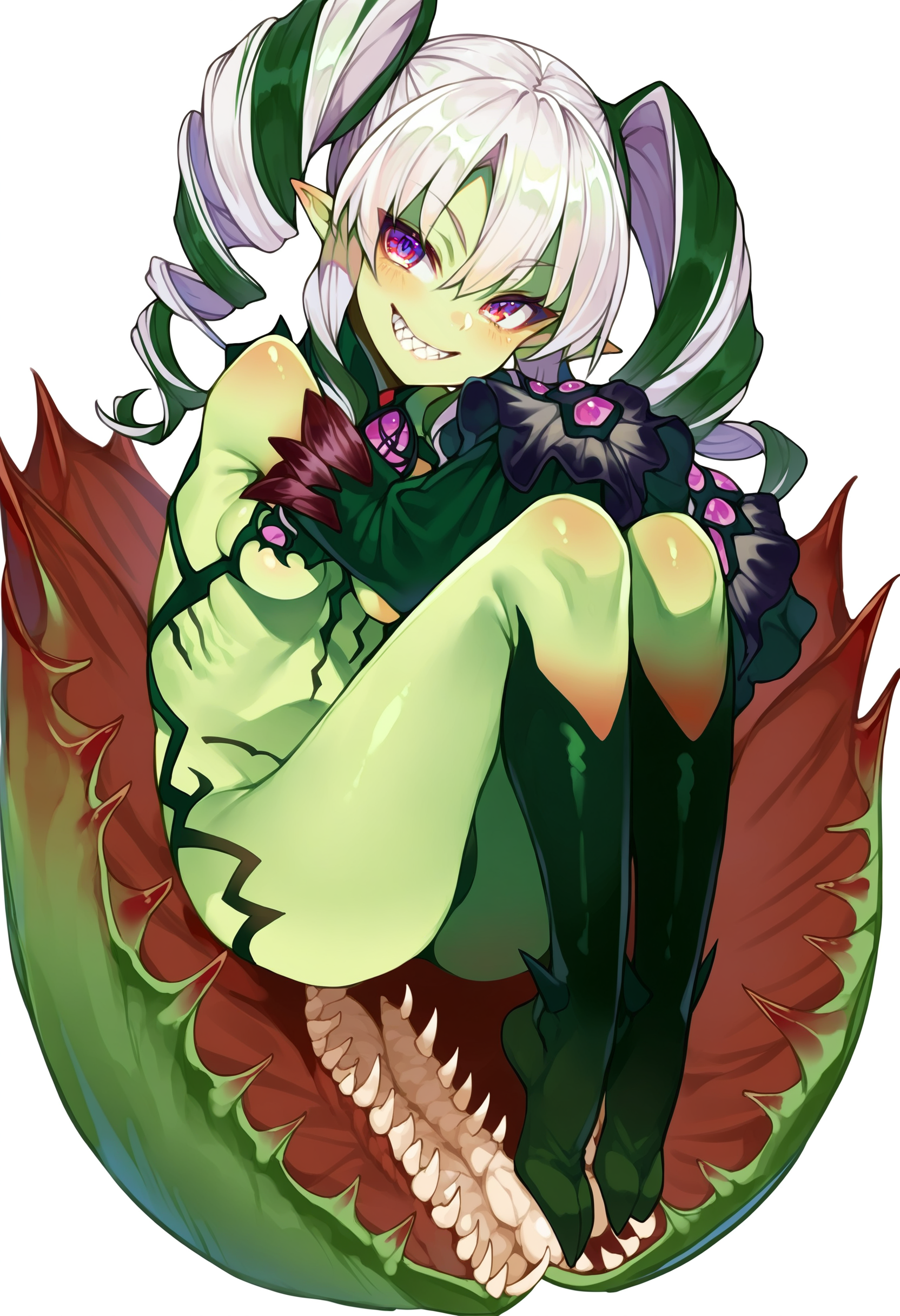 score_9, score_8_up, score_7_up, score_6_up, source anime,
(venus flytrap:1.2), claustrophyte, spikes, plant, nature,
1girl, colored skin, curly hair, detached sleeves, green hair, green skin, grin, hair ornament, long hair, monster girl, monster girl encyclopedia, multicolored hair, pointy ears, purple eyes, sharp teeth, smile, solo, teeth, twintails, white hair,
knees up, from above, from side, full body,
nature
<lora:monmusu_plant_girl_v13:1>