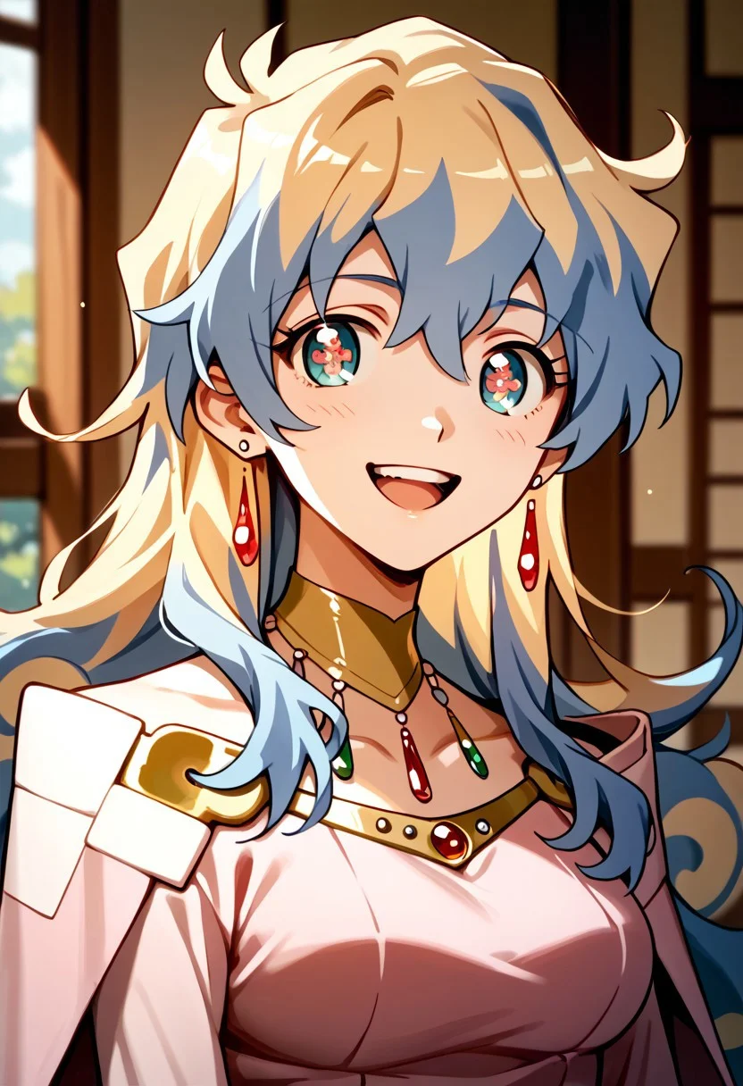 score_9,score_8_up,score_7_up,source_anime, Nia Teppelin (Timeskip),1girl,looking at viewer,smile,open mouth,jewelry,:d,earrings,teeth,symbol-shaped pupils,cross-shaped pupils,