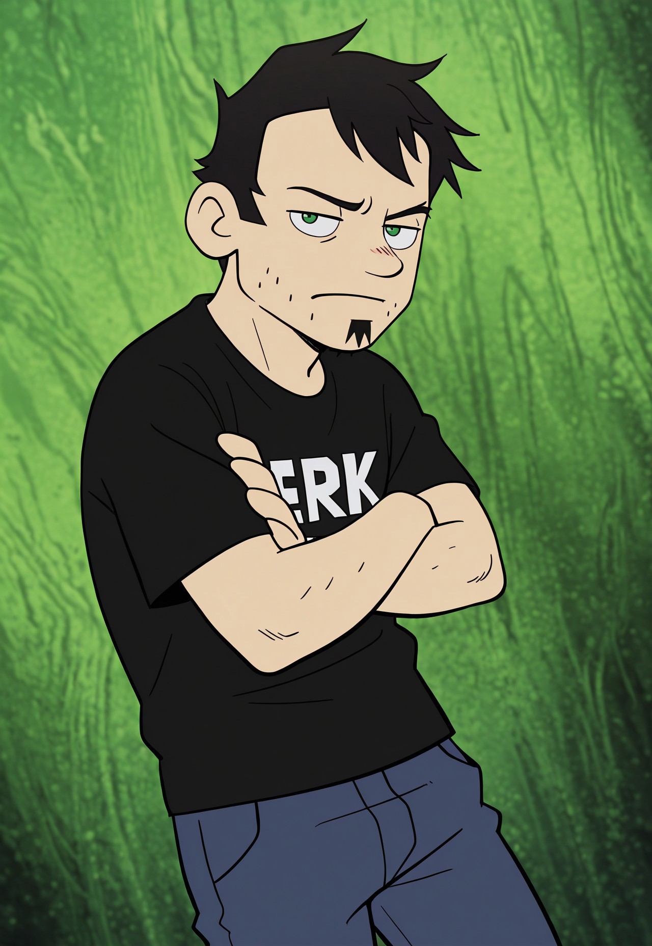 masterpiece, best quality, amazing quality, detailed background, intricate details, dynamic, cinematic, cartoon, anime, cartoon shading, solo, male focus, source_anime,high resolution, newest, depth of field, bara, yaoi, perfect face, 1boy, d4n, green eyes, black hair, messy hair, soul patch, stubble, jerk t-shirt, black t-shirt, blue jeans, black boots, looking at viewer, unbothered, arched eyebrow, crossed arms, upper boddy, dark green background, abstract background, dutch angle, side view