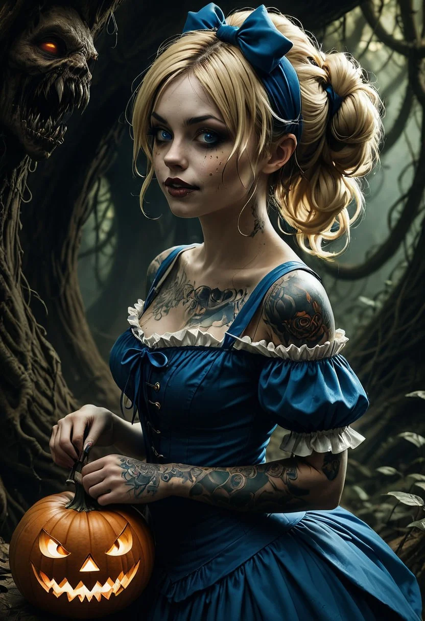 hyperdetailed photorealistic, 1girl, (sexy:1.5), (slutty:1.5), seductive, smile, white teeth, pointy teeth, parted lips, an evil Alice from Disney's Alice in Wonderland, (mad smile), a large carved and (glowing Halloween pumpkin) in her hands, blue eyes, large eyelashes, blue mascara and eyeshadow, skimpy frill blue dress, pale skin, pumpkin tattoos in her right breast, blonde hair, freckles, long twin tails tied with large light blue ribbons, side view, disheveled hair, messy hair, petite, natural small hanging breasts, expressive, teasing smile, narrow waist,one bare shoulder, cleavage, among a giant mushroom evil forest, intricate and detailed background