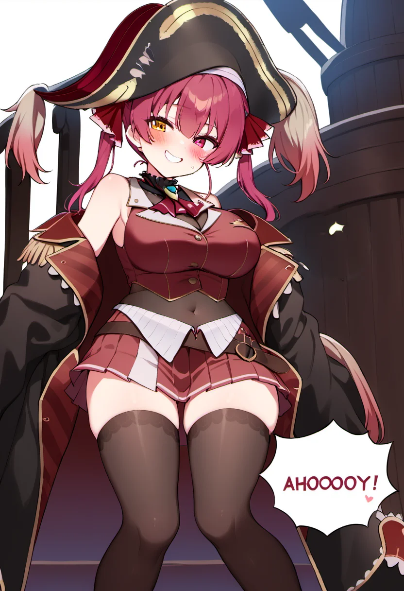 rating: general, <lora:Houshou_Marine:1> houshou marine, solo, heterochromia, pirate hat, twintails, skirt, black thighhighs, large breasts, blush, smile, looking at viewer, standing on a pirate ship, winking, BREAK <lora:texta:1> english text, ("Ahooooy~~":1.4)