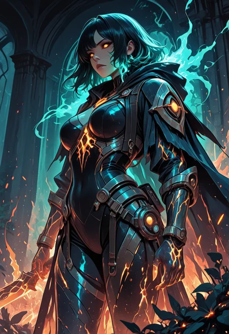 (masterpiece), (best quality), (8k), 1girl, full armor made of glowing black and orange star-metal, ember cracks, cosmic sword glowing with starlight in one hand, lantern of a dying universe in the other, burning aura, ashes floating in air, intense golden eyes, glowing molten veins, celestial background with shattered planets, solar flare glow, camera angle from below, serious expression, mythic lighting, divine cosmic warrior, flaming cape blowing in the wind, ethereal glow on face, fire sparks in foreground,