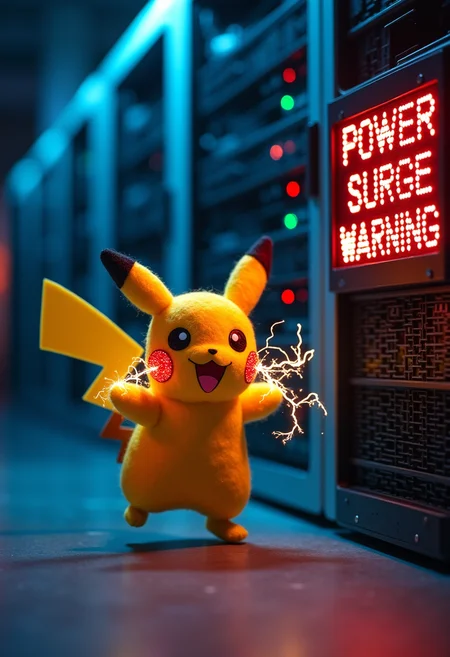first : photography of a wild pikachu made of felt running happy inside a datacenter with jolt of electricity from its cheeks, Second : small digital display of a blinking sign on the server with the text "POWER SURGE WARNING / SERVER GOING DOWN" in red LED letters, electricity sparks, electricity effect, lighting bolt,