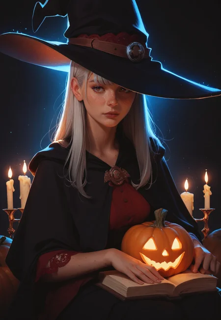 safe_pos, 1girl, silver hair, red lace robes, witch, witch hat, 

magic, glowing, lighting, sitting, Halloween pumpkins, candles, 

long hair, bangs, small breasts, freckles, freckled,

simple ethereal dark background, glowing orange  constellations, upper body, 

score_8, score_9_up,