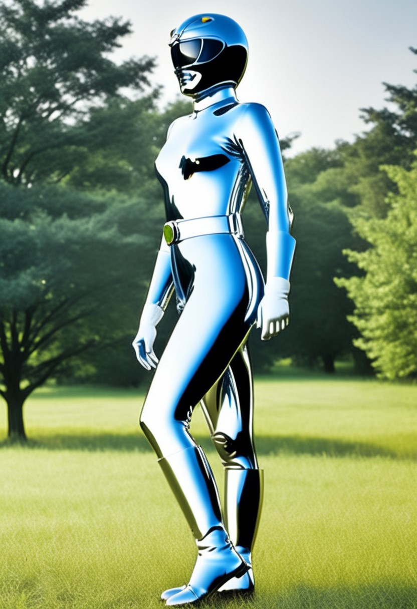 chrome statue of bald female yellow-power-ranger, alone, morphed, chrome helmet, chrome catsuit, chrome gloves belt boots holster, entirely made of chrome, standing square-on, in rural park, arms slightly-outstretched, full body photo, hyperdetailed photography