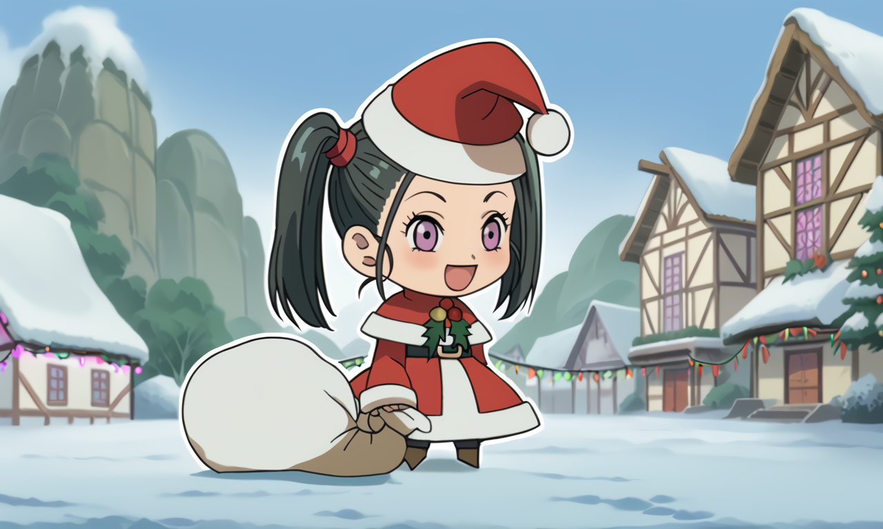 score_9, score_8_up, score_7_up, anime screencap, boubd, solo, full body, white outline, zzPadoru, zzPadoru, blush, smile, open mouth, meme, holding sack, santa hat, dress, brown boots, outside, town, snow, christmas tree, christmas lights