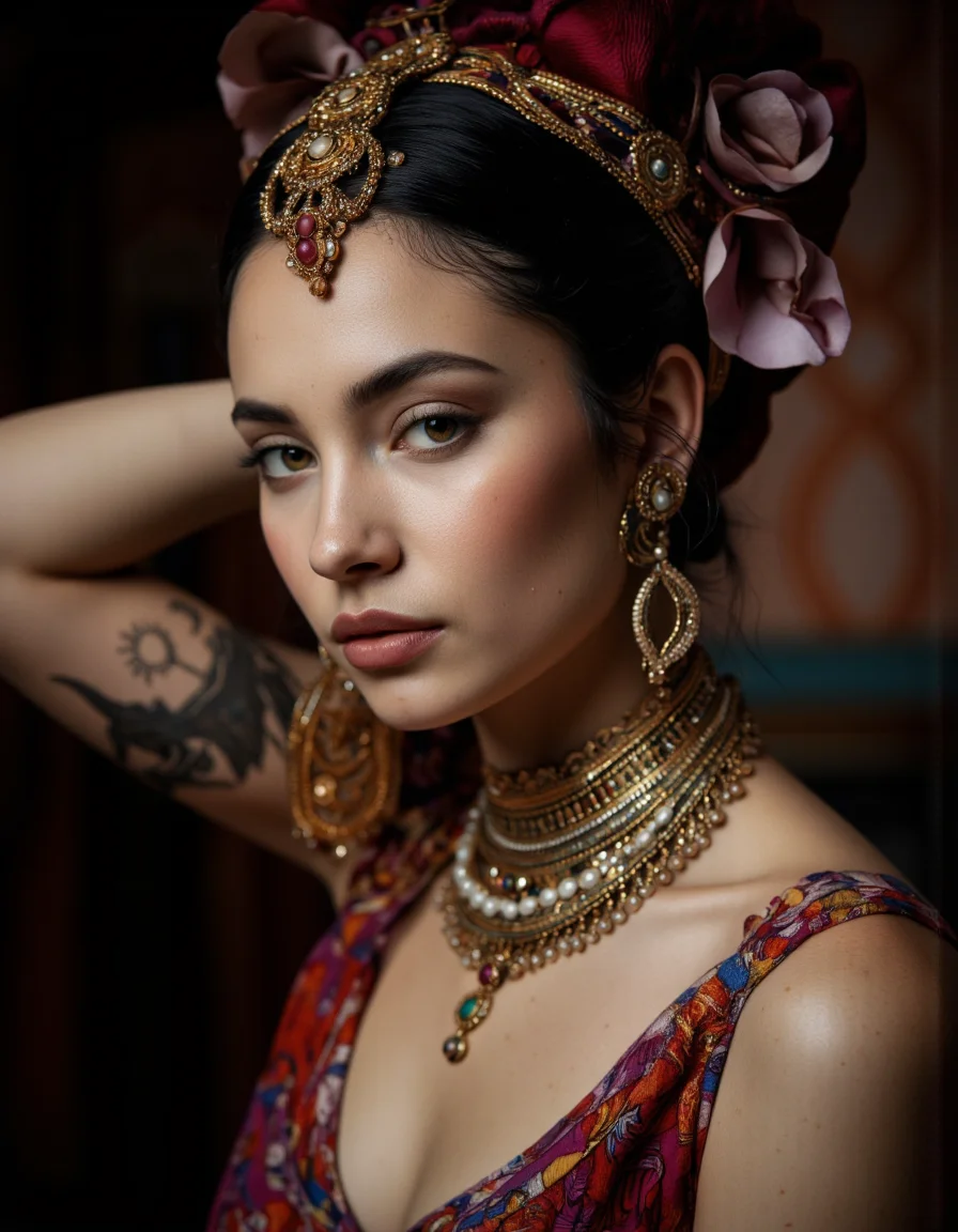 (A cinematic photography.:1.2)
Create aAdetails of her skin, ornate headdress, and intricate tattoos. She gazes directly at the viewer with an intense, alluring and sensual expression. Her flawless skin contrasts with the vibrant colors of her traditional African tattoos, visible on her neck and shoulders. Her hair is elegantly pulled up into her headdress, adorned with exquisite jewelry that catch the soft, atmospheric light.
The portrait captures the sensuality reminiscent of artists like Luis Royo, focusing on delicate features and emotional depth. Her makeup enhances her features: natural complexation with a very subtle blush, glossy lips, and subtly defined eyes that convey mystery and allure. The background is a softly blurred interior of a traditional African setting, with warm, muted colors that complement her appearance and enhance the intimate mood.
The overall composition is highly detailed and realistic, with intricate textures and rich colors. Soft, dramatic lighting highlights the contours of her face and the intricate designs of her headdress and tattoos. The mood blends sexuality with subtle intensity, capturing beauty in an evocative and atmospheric portrait, (((ultra-realistic style))), realistic soft lighting, dark, eye-catching, atmospheric lighting, natural, shallow depth of field, (highlights: 0.8), high detail (dynamic, sincere, cinematic shot, film grain, bokeh, depth of field,