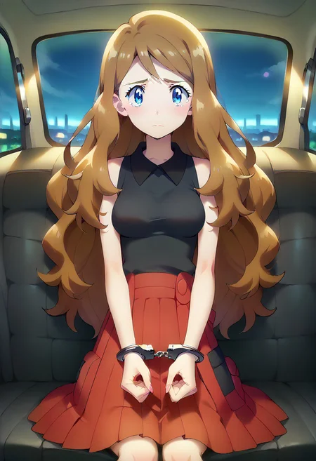 score_9, score_8_up, score_7_up, <lora:pokemon-serena-ponyxl-lora-nochekaiser:1> serena, rating_explicit, source_anime, anime artwork, anime style, vibrant, studio anime, highly detailed, <lora:Anime_Screencap:0.23>, uncensored, best quality, masterpiece, very aesthetic, ultra detailed, intricate details, official style, pokemonserena, 1girl, solo, looking at viewer, long hair, blue eyes, brown hair, sad, sitting, medium breasts, skirt, pleated skirt, shirt, black shirt, sleeveless, red skirt, handcuffs, cuffs, <lora:add_details_xl:0.6> delicate, best quality, hyper detail, finely detailed, colorful, masterpiece, UHD:1.2, <lora:Car_back_seat_front_view:1>, from front, car interior, night, prison transport