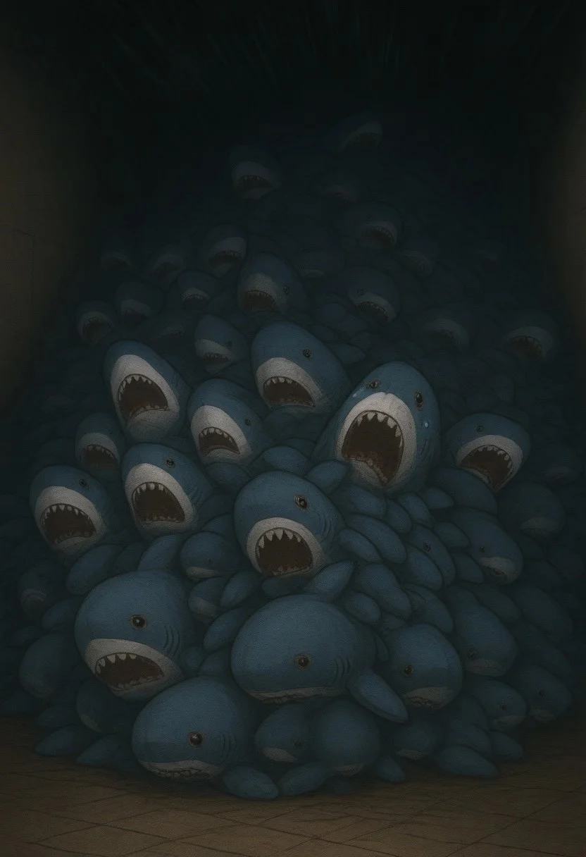 scared, reaching, stuffed sharks, horror, piles of sharks, Falling Sensation, High Quality, Screaming, crying, trapped under pile of sharks, Meme Review, Masterpiece, Gloom, No return death of the hills