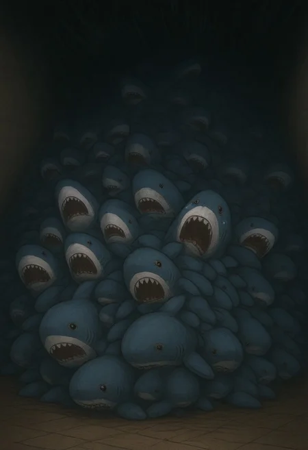 scared, reaching, stuffed sharks, horror, piles of sharks, Falling Sensation, High Quality, Screaming, crying, trapped under pile of sharks, Meme Review, Masterpiece, Gloom, No return death of the hills