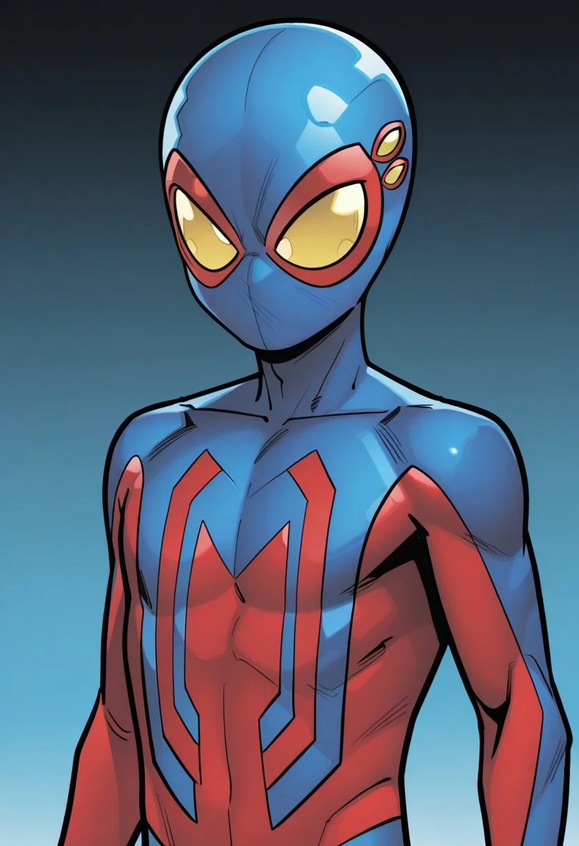 spider_boy,1boy,solo,male focus,yellow eyes,no pupils,blue bodysuit,red bodysuit,superhero,mask,upper body