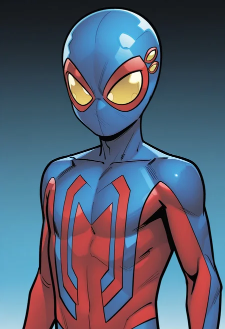 spider_boy,1boy,solo,male focus,yellow eyes,no pupils,blue bodysuit,red bodysuit,superhero,mask,upper body