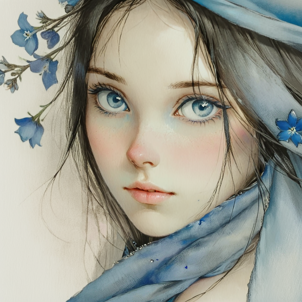<lora:Blue_Watercolor_DreamscapeSDXL:1> ArsMJStyle, Blue Watercolor Dreamscape, The image is a close-up portrait of a young woman's face. She has long dark hair that is blowing in the wind. Her eyes are a piercing blue color and her lips are a soft pink. She is wearing a blue scarf that covers her head and shoulders. The background is a light blue color and there are small blue flowers scattered around her head. The overall mood of the image is peaceful and serene., 1girl, solo, blue eyes, black hair, portrait, traditional media, lips, profile, choker, looking at viewer