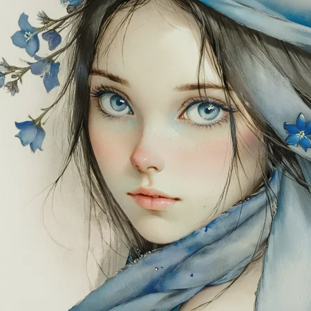 <lora:Blue_Watercolor_DreamscapeSDXL:1> ArsMJStyle, Blue Watercolor Dreamscape, The image is a close-up portrait of a young woman's face. She has long dark hair that is blowing in the wind. Her eyes are a piercing blue color and her lips are a soft pink. She is wearing a blue scarf that covers her head and shoulders. The background is a light blue color and there are small blue flowers scattered around her head. The overall mood of the image is peaceful and serene., 1girl, solo, blue eyes, black hair, portrait, traditional media, lips, profile, choker, looking at viewer