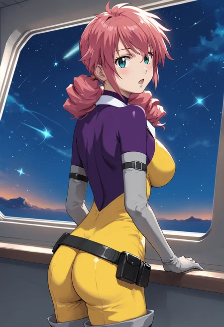 score_9, score_8_up, score_7_up, score_6_up, score_ANIME,, feldtgrace, feldts1, yellow jumpsuit, 1girl, solo, turtleneck bodysuit, pink hair, belt, elbow gloves, green eyes, twin drills, long hair, open collar, large breasts, hair over shoulder <lora:feldt_grace_pony:1> from behind, looking back, looking at viewer, blush, thigh boots, cowboy shot, ass focus, window, space, night sky, open mouth, expressionless,