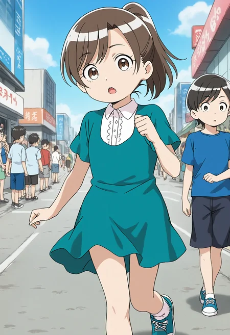 <lora:Hyper-SDXL-8steps-lora:1> <lora:Fixhands_anime_bdsqlsz_V1:1> zPDXL2, score_9, score_8_up, score_7_up, source_anime, intricate details, perfect anatomy BREAK
outdoors, city, tokyo, japan, audience, crowd, running towards viewer, running, looking at viewer, Confused, Wide-open eyes, a slightly furrowed brow, and a slightly open mouth., 1girl, solo, solo focus, 
<lora:MAR-minatomo_madoka_XL(pony)v10:1> MAR-madoka, brown hair, ponytail, brown eyes, MAR-madoka outfit, green dress, white socks, green shoes,