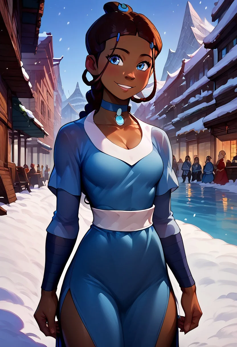 katara, 1girl, dark skin, brown hair, blue eyes, braid, blue dress, blue choker, sidelocks, score_9, score_8_up, score_7_up, score_6_up, detailed eyes, beautiful, detailed background, perfect eyes, source_anime, very aesthetic, anime screencap, anime coloring, easynegative, Expressiveh, solo, perfect body, average sized breasts, rounded breasts, perfect breasts, defined body, toned body, athletic butt, defined butt, thick thighs, toned thighs, looking at viewer, blue eyes, perfecteyes.
<lora:add-detail-xl:1>
blue dress, long blue dress, water tribe clothing, blue choker, choker with jewels, slit dress, leg show, neckline, cleavage, standing, city, city background, snow, snowing, bulky body, large body, extremely defined body, smiling, closed smile