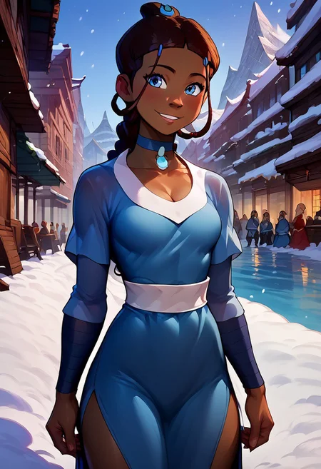 katara, 1girl, dark skin, brown hair, blue eyes, braid, blue dress, blue choker, sidelocks, score_9, score_8_up, score_7_up, score_6_up, detailed eyes, beautiful, detailed background, perfect eyes, source_anime, very aesthetic, anime screencap, anime coloring, easynegative, Expressiveh, solo, perfect body, average sized breasts, rounded breasts, perfect breasts, defined body, toned body, athletic butt, defined butt, thick thighs, toned thighs, looking at viewer, blue eyes, perfecteyes.
<lora:add-detail-xl:1>
blue dress, long blue dress, water tribe clothing, blue choker, choker with jewels, slit dress, leg show, neckline, cleavage, standing, city, city background, snow, snowing, bulky body, large body, extremely defined body, smiling, closed smile