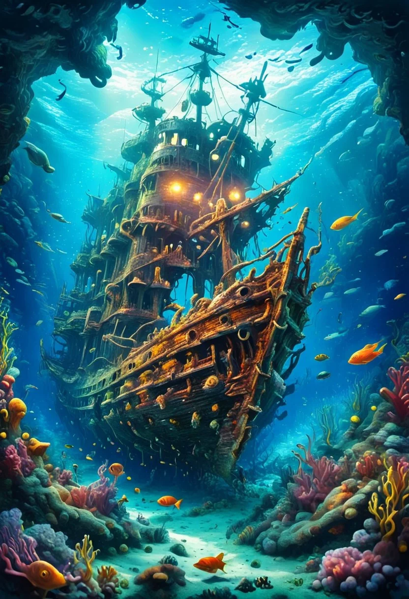 shipwreck underwater. fantastic underwater landscape, best quality, ultra-detailed, very aesthetic, illustration, perfect composition, intricate details, absurd, atmospheric lighting, streaks of light
Masterpiece, vibrant colors, very detailed, midjourneyv6.1, detail background,