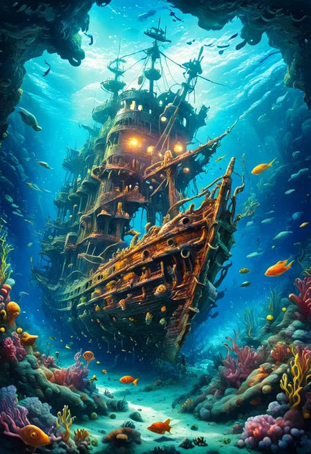 shipwreck underwater. fantastic underwater landscape, best quality, ultra-detailed, very aesthetic, illustration, perfect composition, intricate details, absurd, atmospheric lighting, streaks of light
Masterpiece, vibrant colors, very detailed, midjourneyv6.1, detail background,