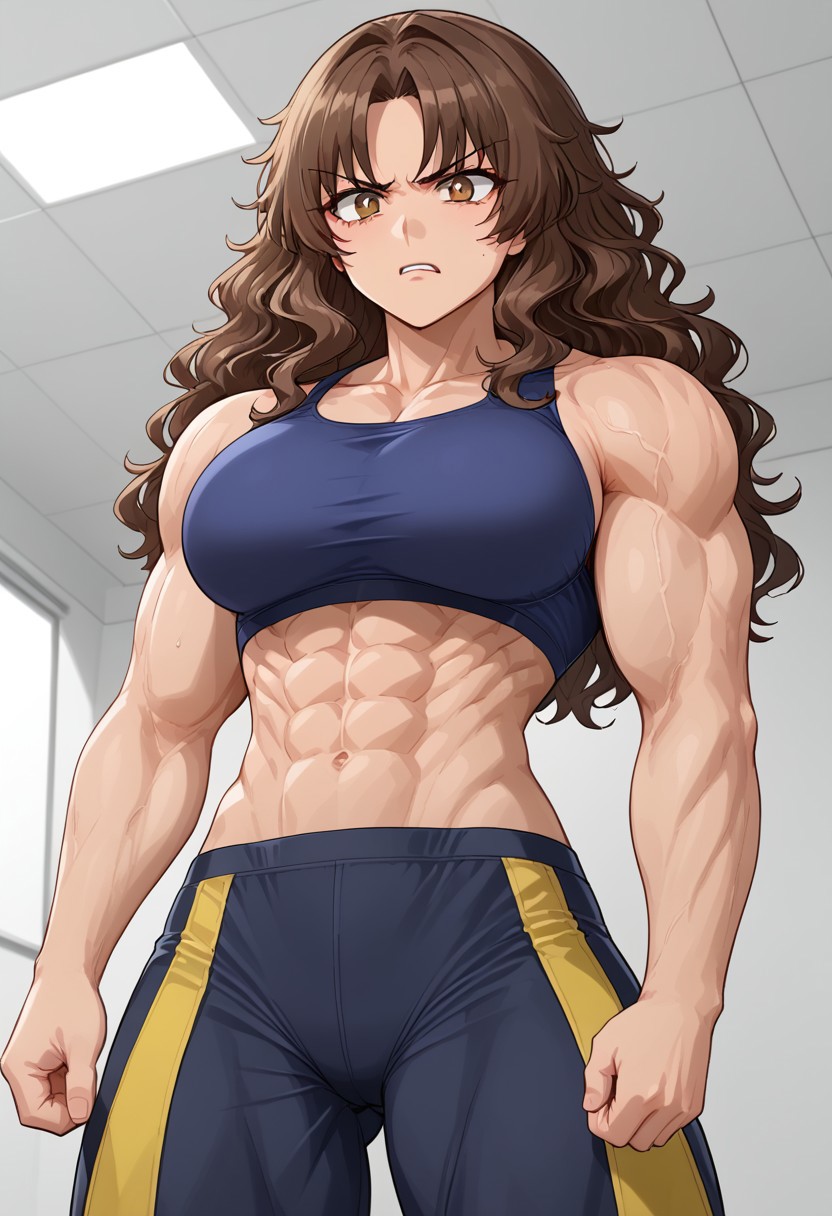 by yohan, ((ultra-detailed)), ((illustration)),ultra detailed anime artwork,by yohan, ((ultra-detailed)), ((illustration)),ultra detailed anime artwork, high The image depicts a stylized, muscular woman in an anime or manga-inspired art style. She has short, dark brown, wavy hair and a determined, intense expression, with her eyes narrowed and lips slightly pursed. Her attire include