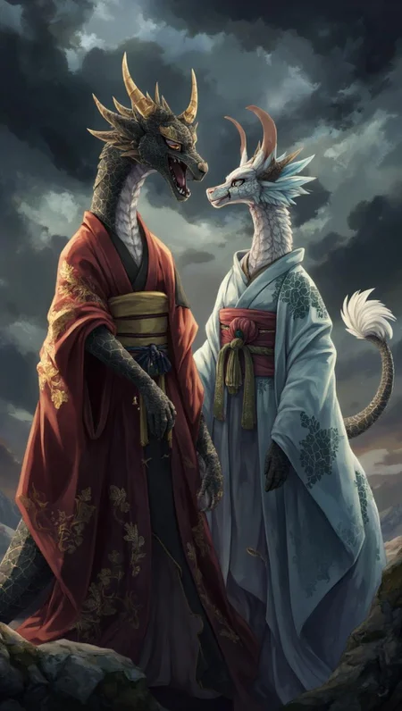 <lora:ck-LttleGhost-000011.safetensors:1> in the style of ck-lttlegh0stIn a dramatic, intense art piece, two anthropomorphic dragon figures stand against a turbulent cloud-filled sky, their scales and kimonos crafted with meticulous detail. The crimson-hued kimono with golden filigree and pale blue robe with elegant patterns create a mesmerizing contrast to the dark, foreboding atmosphere.