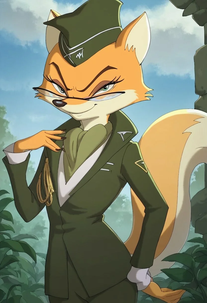 score_7_up, score_8_up, score_9, masterpiece, high quality,
ltvixen, cartoon, anthro fox, furry, orange fur, 1girl, female, adult, solo,
green military uniform, military hat,
glasses, fox tail,
smiling, bedroom eyes, looking at viewer,
standing, cowboy shot,