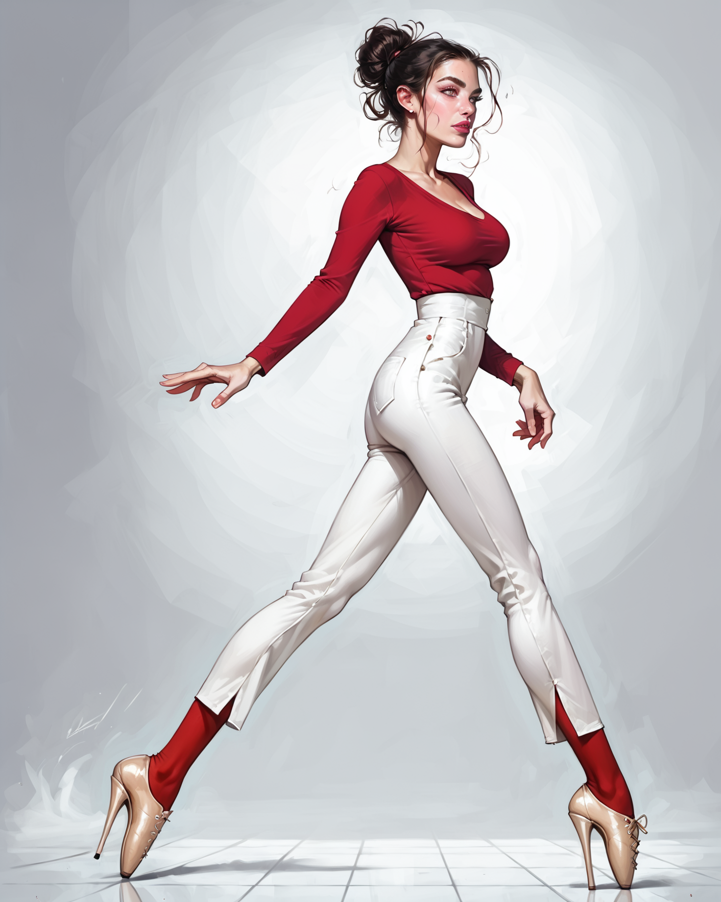 <lora:d3t41l3dXLP:0.9> <lora:1dkXLP:0.4> <lora:officialpit_v2-8:0.3><lora:add-detail-xl:1.1><lora:Model_2:0.25><lora:princess_xl_v2:0.2><lora:ballet-boots_v0009-000030:1.0>  score_9, score_8_up, score_7_up, high quality, (realistic:1.1), (1girl:1.1), (walking:1.1), pretty eyes, looking to the side,  angular face, hair bun, large breasts, tiny waist, (slim:1.2), long legs, pale skin, black office attire, (ballet-boots:1.1) pumps, BREAK, large dark room, drab concrete, dim lighting, (plants:0.8), tile floor, (wide shot:1.1)