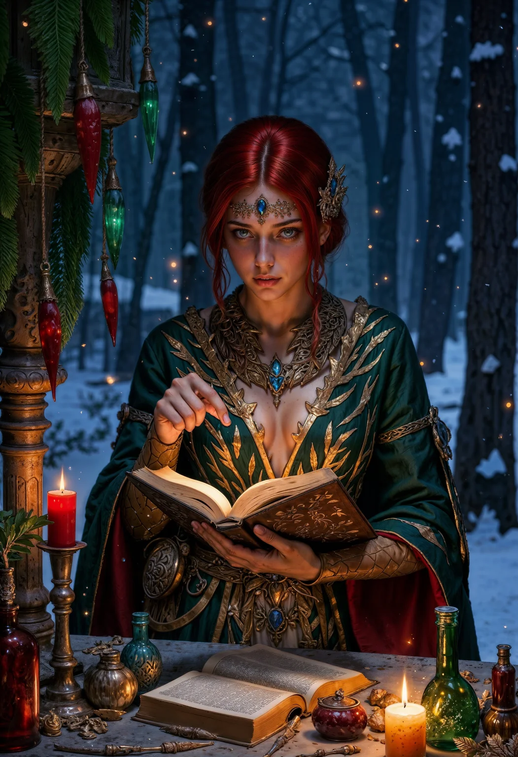 TrissMA, a fantasy-themed portrait set in a snowy forest. The central subject is a girl with red hair, wearing a dress adorned with patterns. She has pale skin and striking facial features, including dark makeup and glossy lips. The girl is intently reading a book with aged pages, which rests on a stone table. Surrounding the table are various mystical items, including red and green candles, glass bottles, and pine branches. Snow gently falls around the scene, adding to the mystical atmosphere. The overall composition is rich in detail, with a focus on the magical and mysterious elements of the setting. <lora:FluxTrissMA:0.9> <lora:FluxMythP0rtr4itStyle:0.6> <lora:flux.1_lora_flyway_Epic-Characters_v1:0.6> <lora:Elden_Ring_-_Yoshitaka_Amano:0.33>