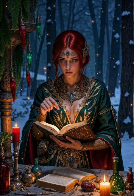 TrissMA, a fantasy-themed portrait set in a snowy forest. The central subject is a girl with red hair, wearing a dress adorned with patterns. She has pale skin and striking facial features, including dark makeup and glossy lips. The girl is intently reading a book with aged pages, which rests on a stone table. Surrounding the table are various mystical items, including red and green candles, glass bottles, and pine branches. Snow gently falls around the scene, adding to the mystical atmosphere. The overall composition is rich in detail, with a focus on the magical and mysterious elements of the setting. <lora:FluxTrissMA:0.9> <lora:FluxMythP0rtr4itStyle:0.6> <lora:flux.1_lora_flyway_Epic-Characters_v1:0.6> <lora:Elden_Ring_-_Yoshitaka_Amano:0.33>