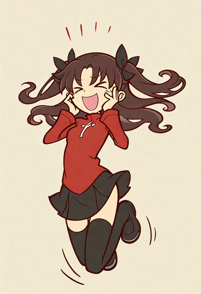 masterpiece, high quality, highres, flat colors, 1girl, solo, hands clenched, hands close to face, jumping, folded legs, xd, excited, laughing, joyful, rin tohsaka, \(fate series\), dynamic angle,