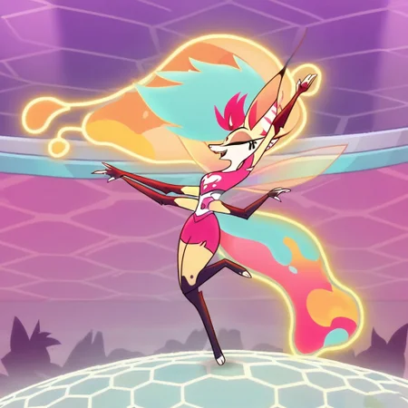 Beelzebub, four arms, dancing, elegant pose, lava lamp hair, vibrant, dynamic movements, insect wings, light yellow fur, dark fuchsia stripes, pink crop-top