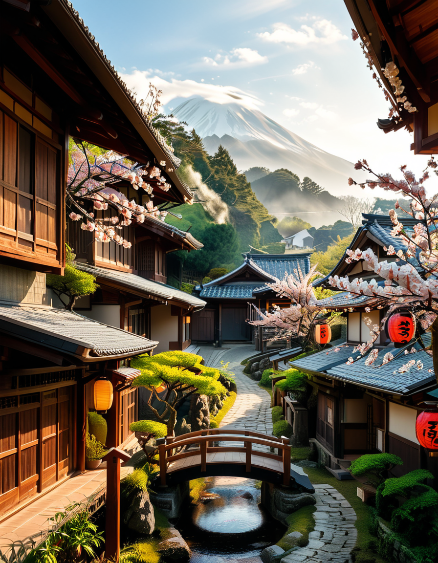 A picturesque traditional Japanese village nestled in a serene valley, surrounded by lush green mountains under a soft morning mist. The village consists of wooden houses with thatched roofs (gassho-zukuri style), showcasing intricate wooden details and sliding paper doors. A narrow stone-paved path winds through the village, leading to a small red torii gate at the entrance of a Shinto shrine. Cherry blossoms in full bloom line the streets, their pink petals gently falling in the breeze. A tranquil river flows through the village, crossed by an old wooden bridge with moss-covered stones. Villagers in traditional kimonos and straw hats go about their daily livesâan elderly man sweeping his porch, a woman carrying a basket of fresh produce, and children playing near a koi pond. The atmosphere is peaceful and nostalgic, with warm sunlight filtering through the trees, casting dappled shadows on the ground. The scene is rich in traditional Japanese aesthetics, evoking a sense of harmony and timeless beauty.
<lora:SDXLFaeTastic2400:0.4> <lora:extremely_detailed:0.4> extremely detailed,<lora:traditional_Japanese_v1ll4g3:1>,traditional Japanese v1ll4g3, Masterpiece,best quality,hi res,8k,hi res,8k,award winning,(sharp focus, intricate, highly detailed),