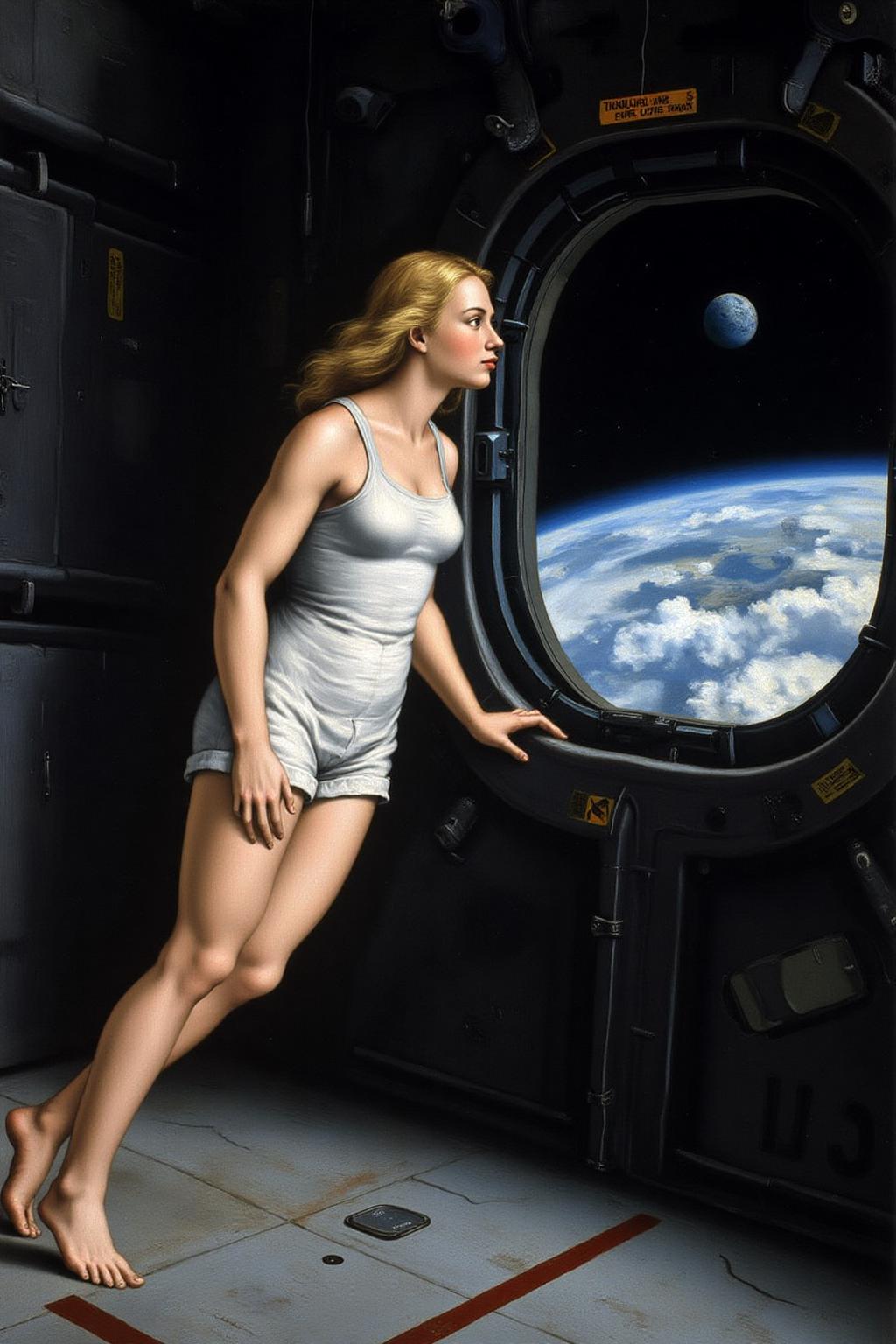 raphael1 painting.
Side profile view of a blonde, floating weightless, space station. She is wearing a white tanktop, short shorts and barefoot, and looking outside towards earth. She is melancholic, and is thinking of her family back on earth. 
 <lora:raphael1_cap_d6a3:1.0><lora:843643297906898229:0>