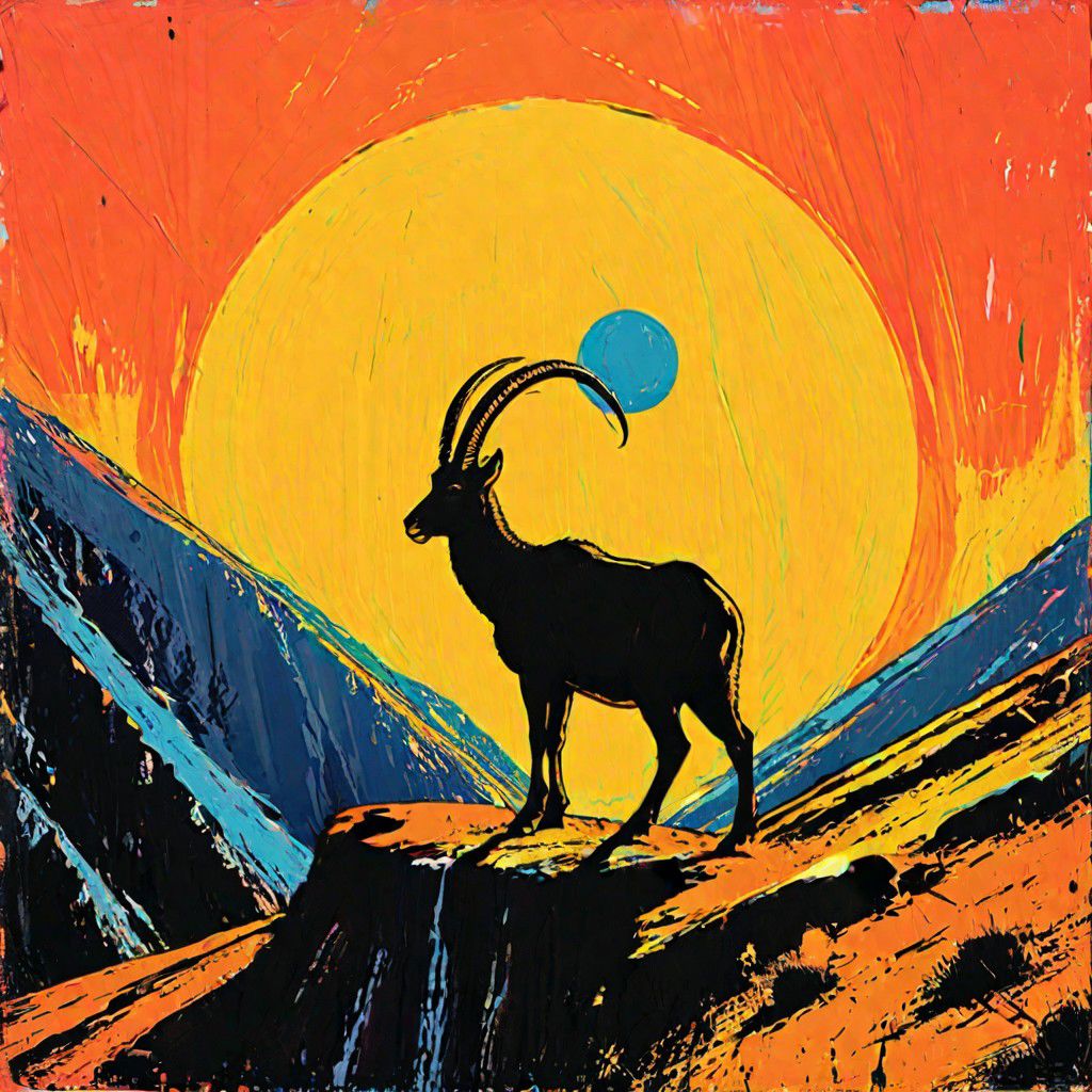 impactful color paint of, 1 walia ibex standing on top of a cliff under 1 white moon, black silhouette against white moon, black cliff, black  sky,
