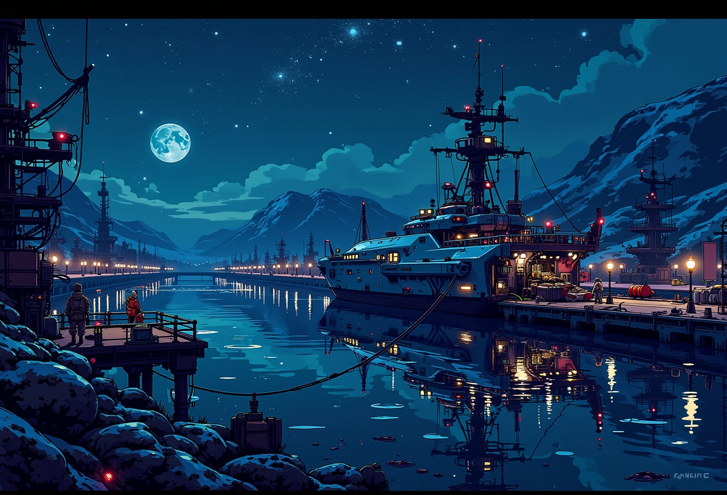 <lora:ck-nc-pastel-cyberpunk:1.0> A digital artwork in the style of cknc, a spacecraft in the docks, scenery is a starry night