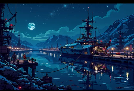 <lora:ck-nc-pastel-cyberpunk:1.0> A digital artwork in the style of cknc, a spacecraft in the docks, scenery is a starry night