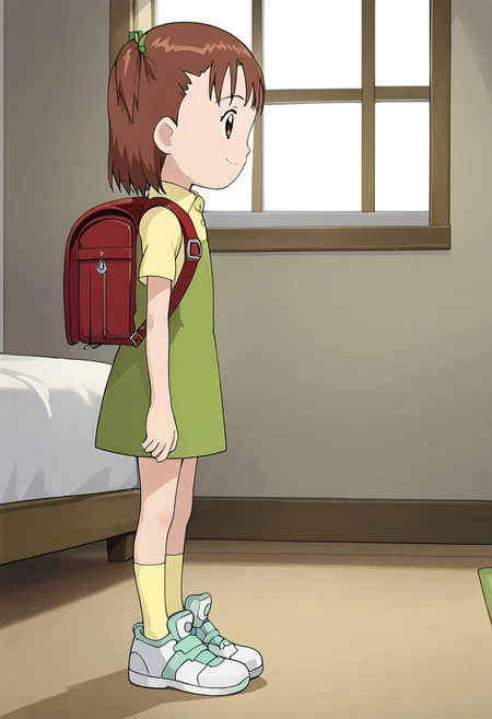 score_9, score_8_up, score_7_up, source_anime, anime screencap, masterpiece, best quality,
(1girl), jerikatou, ((solo, alone)), short petite, small body, flat chest, brown hair, side ponytail, brown eyes, green dress, smile, closed mouth, 
BREAK
(face to profile, body profile, side view, yellow collared shirt, shoes, yellow socks, red backpack) 
BREAK
(standing), indoor, bedroom, bed in back, window in back, carpet on the floor, window in back during the day.