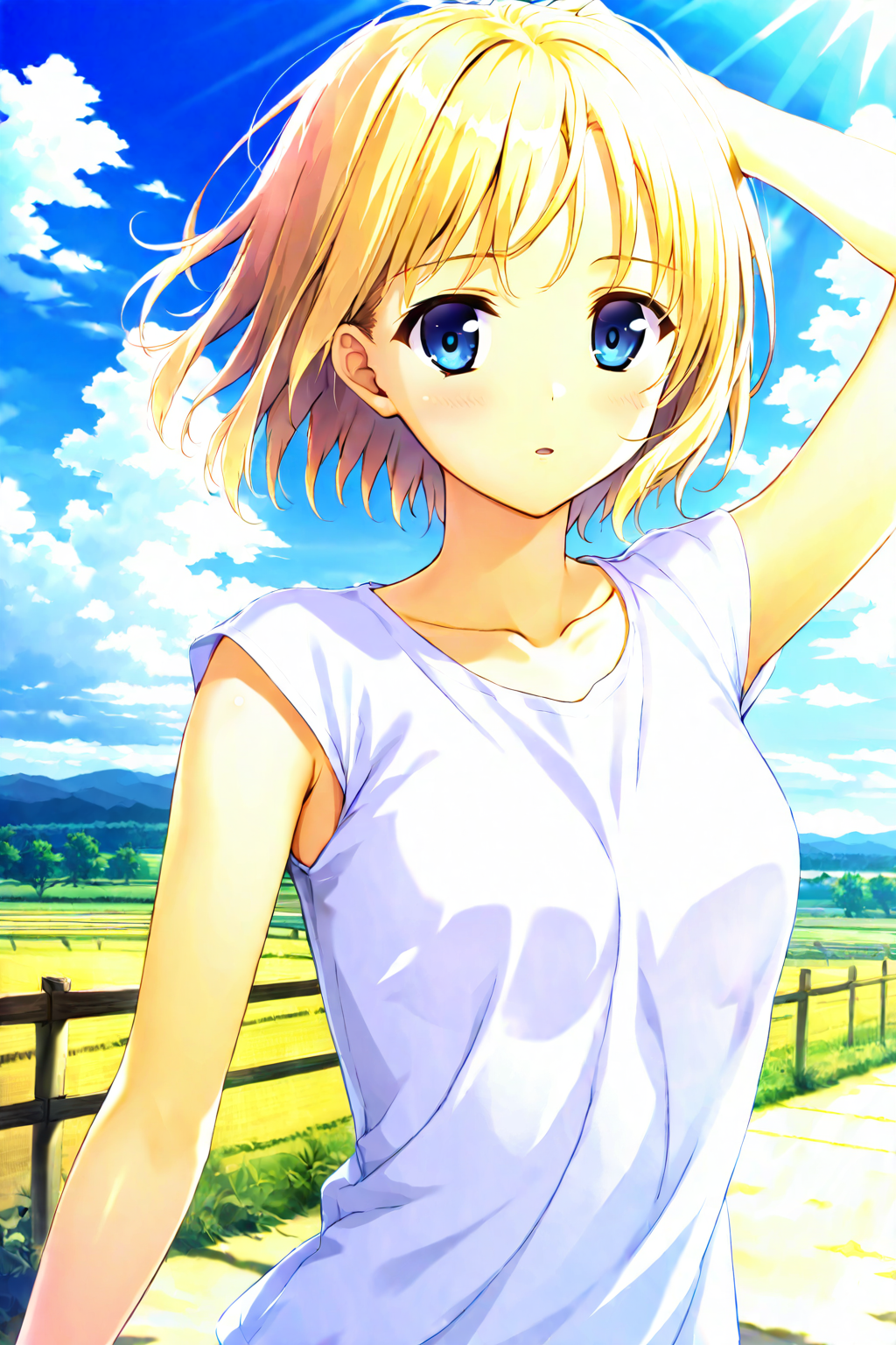 1girl, upper body, short hair, blonde hair, blue eyes, white shirt, t-shirt, cap sleeves, collarbone, arm up, hand on own head, outdoors, countryside, cloud, blue sky, sunlight <lora:CapSleeves_A4_Opt_v4:1>