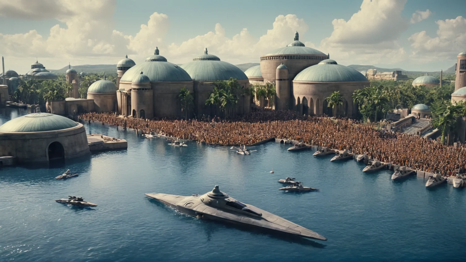 cinematic film still of <lora:star wars style:0.2>
<lora:detailed:0.4> detailed
<lora:perfection style:0.4> perfect
<lora:PerfectEyesXL:0.5>
<lora:Chiaroscuro Lighting Style:0.3>
<lora:Naboo:0.9>
Naboo a large crowd of people gathered around a building,in star wars style,outdoors,sky,day,cloud,water,tree,blue sky,no humans,ocean,building,scenery,city,fantasy,cityscape,watercraft, shallow depth of field, vignette, highly detailed, high budget, bokeh, cinemascope, moody, epic, gorgeous, film grain, grainy