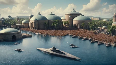cinematic film still of <lora:star wars style:0.2>
<lora:detailed:0.4> detailed
<lora:perfection style:0.4> perfect
<lora:PerfectEyesXL:0.5>
<lora:Chiaroscuro Lighting Style:0.3>
<lora:Naboo:0.9>
Naboo a large crowd of people gathered around a building,in star wars style,outdoors,sky,day,cloud,water,tree,blue sky,no humans,ocean,building,scenery,city,fantasy,cityscape,watercraft, shallow depth of field, vignette, highly detailed, high budget, bokeh, cinemascope, moody, epic, gorgeous, film grain, grainy