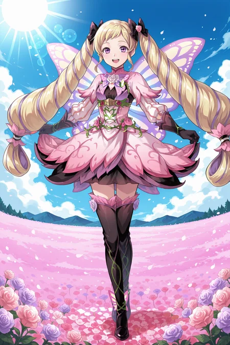 anime screencap, anime coloring, detailed face, masterpiece, best quality, very aesthetic, absurdres, bokeh, volumetric lighting, official style, amazing quality, ultra detailed,  highres, amazing quality, scenery, beautiful detailed hair,
 <lora:Elise_Fire_Emblem_Heroes:.8>
in a flower field, outdoors, sunrays, blue sky, sun, day,
Elise resplendent attire (outfit),
elise (fire emblem), solo, 1girl,  long hair, blonde hair, purple eyes,  twintails, 
 boots, full body, wings, zettai ryouiki, skirt hold, fairy wings, thigh boots, looking at the viewer, :D, smile